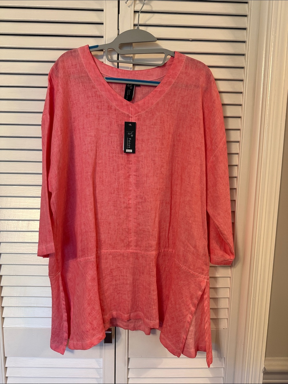 Focus Casual Life NWT 100% Linen V‑Neck Tunic – Coral Pink Lagenlook M/L